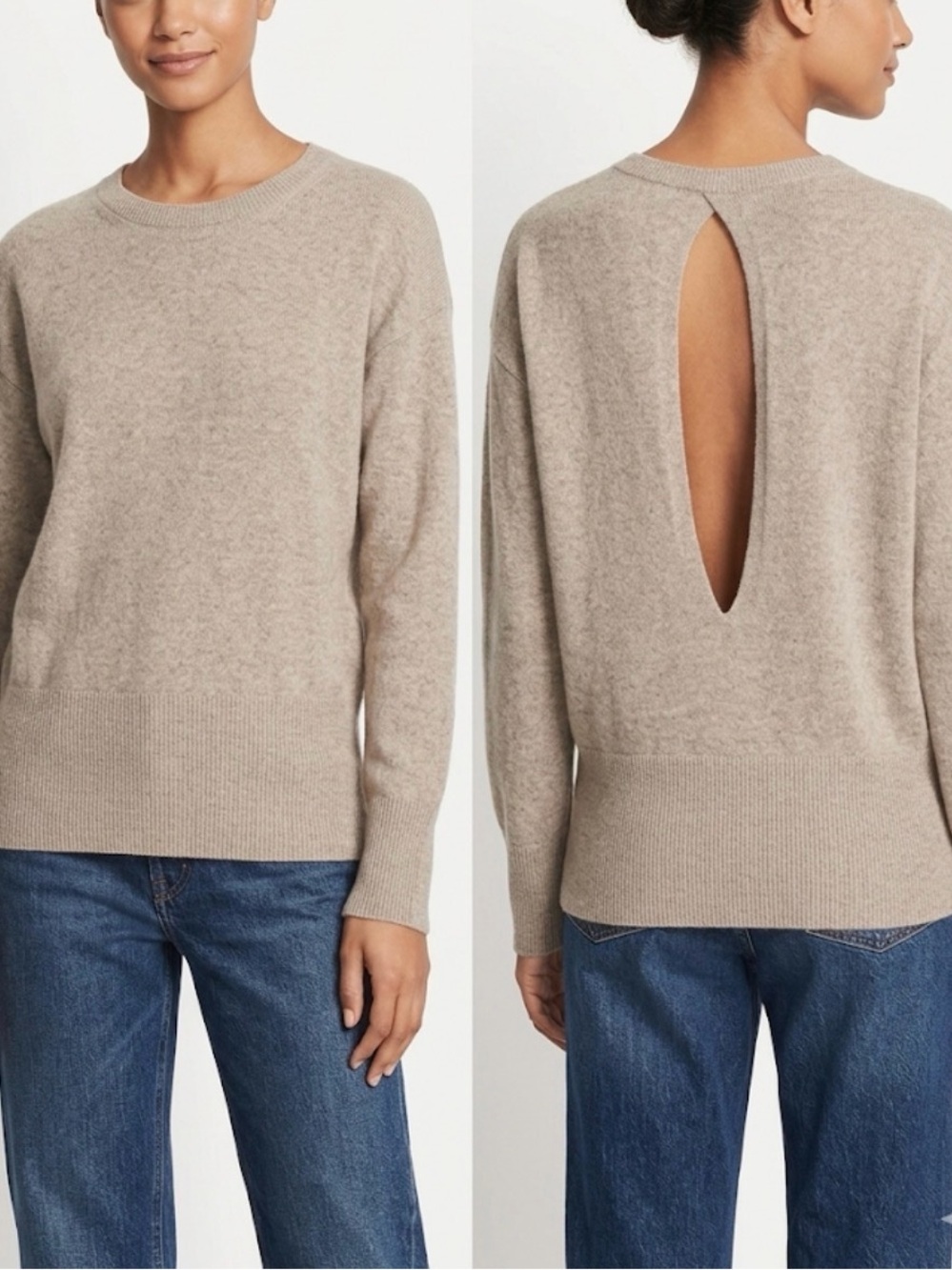 Vince Women’s Open Back Crewneck Sweater in Light Taupe 100% cashmere